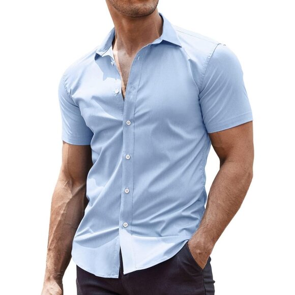 Men Casual Slim Fit Button Shirt Short Sleeve Light Blue Summer Stretch Top - Picture 1 of 6